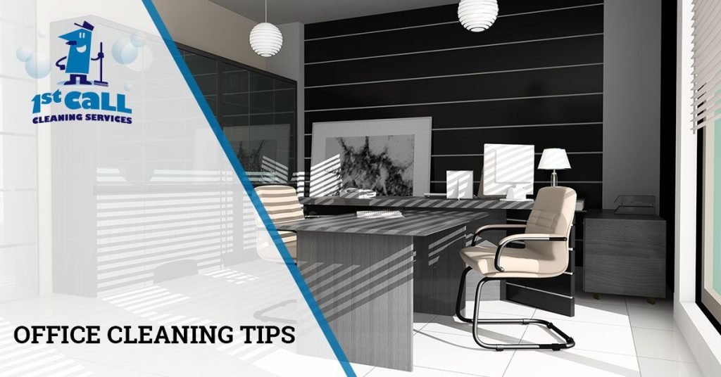 Photo of a mop on a clean modern office, with the text ‘Office Cleaning Tips’ and the 1st Call Cleaning Services logo on a semi-transparent white background.